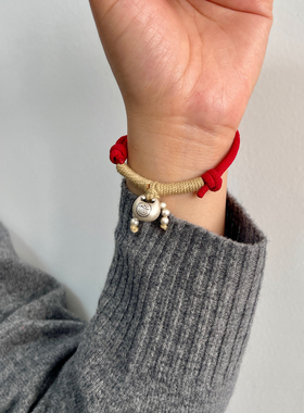 哑光胖福手链】925纯银红绳可爱精致磨砂可调节手环新年礼物红色