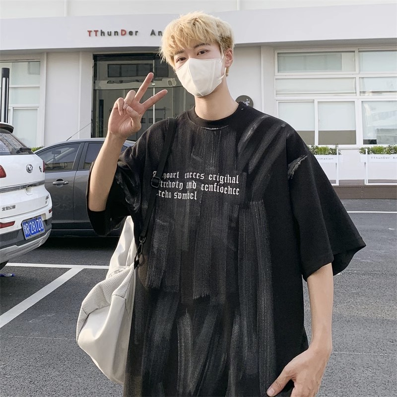 美式新款短袖T恤男夏季小众设计感涂鸦衣服潮流痞帅宽松休闲T恤-图0