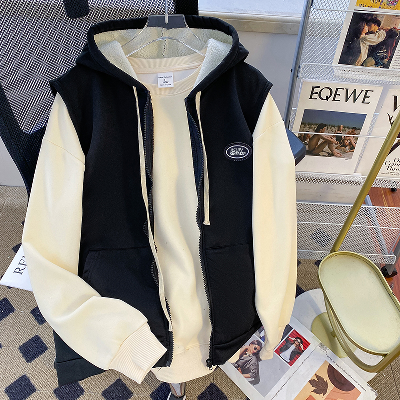 日系羊羔绒棉服马甲男秋冬季加绒加厚连帽上衣宽松原宿风无袖外套 - 图2