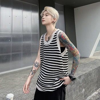 Knitted hollow ice silk cool sweat vest for men and women 041011 summer thin vintage striped design sleeve T-shirt