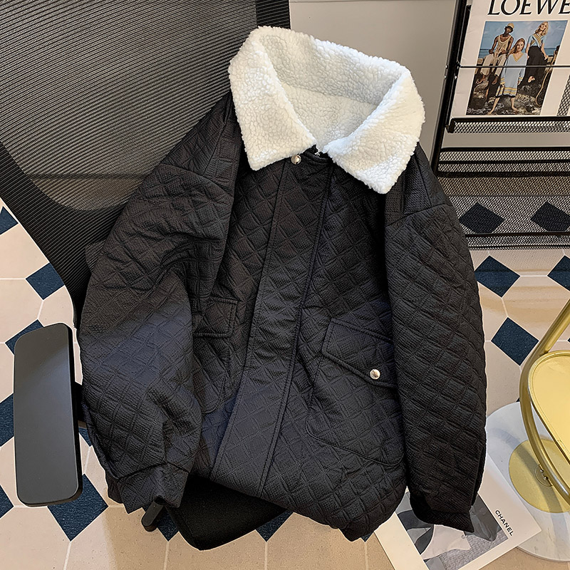 菱形格轻奢短款翻领羽绒棉衣男女冬季羊羔毛棉服高级感外套棉袄子 - 图3