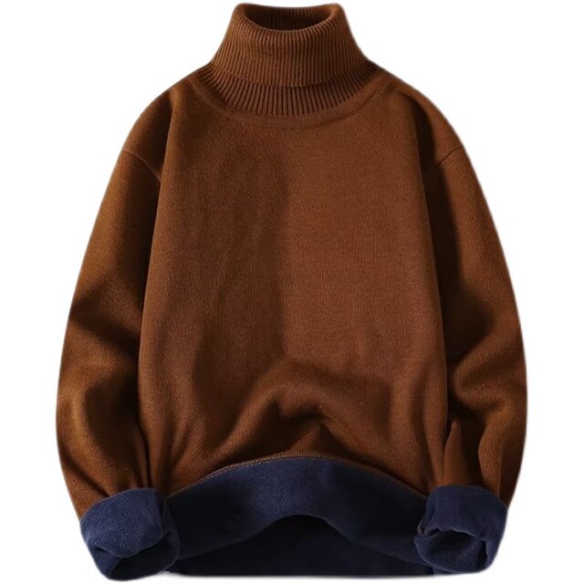 Men's solid color half turtleneck plus fleece sweater