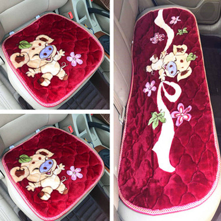 冬季汽车坐垫防滑保暖短毛绒车座垫新品无靠背三件套卡通棉垫通用