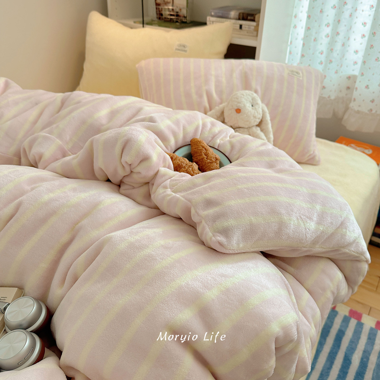 木悠简约条纹秋冬保暖牛奶绒四件套珊瑚绒被套床单学生宿舍三件套,淘宝优惠券,粉丝福利购,淘宝优惠卷