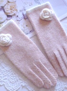 秋冬季羊毛花朵女手套骑行开车
