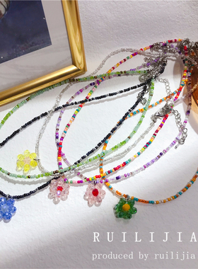 原创设计 小米珠彩色小花复古水晶项链 韩版INS风 糖果串珠项链