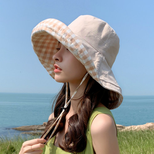 双面格子渔夫帽女春夏天可折叠防晒遮阳大檐太阳帽子遮脸防紫外线 - 图0