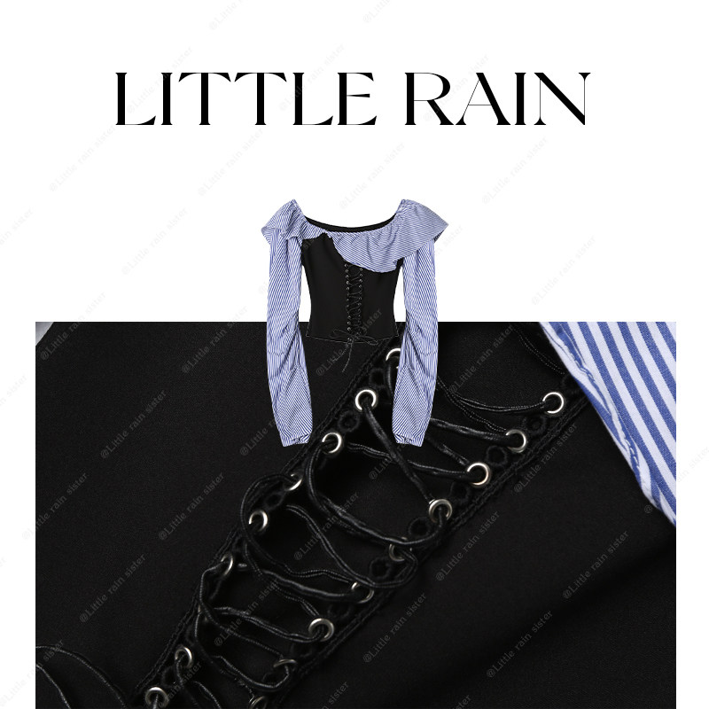 小雨姐姐【法曼尤莱特】设计感小众条纹荷叶边拼接修身气孔绑带短