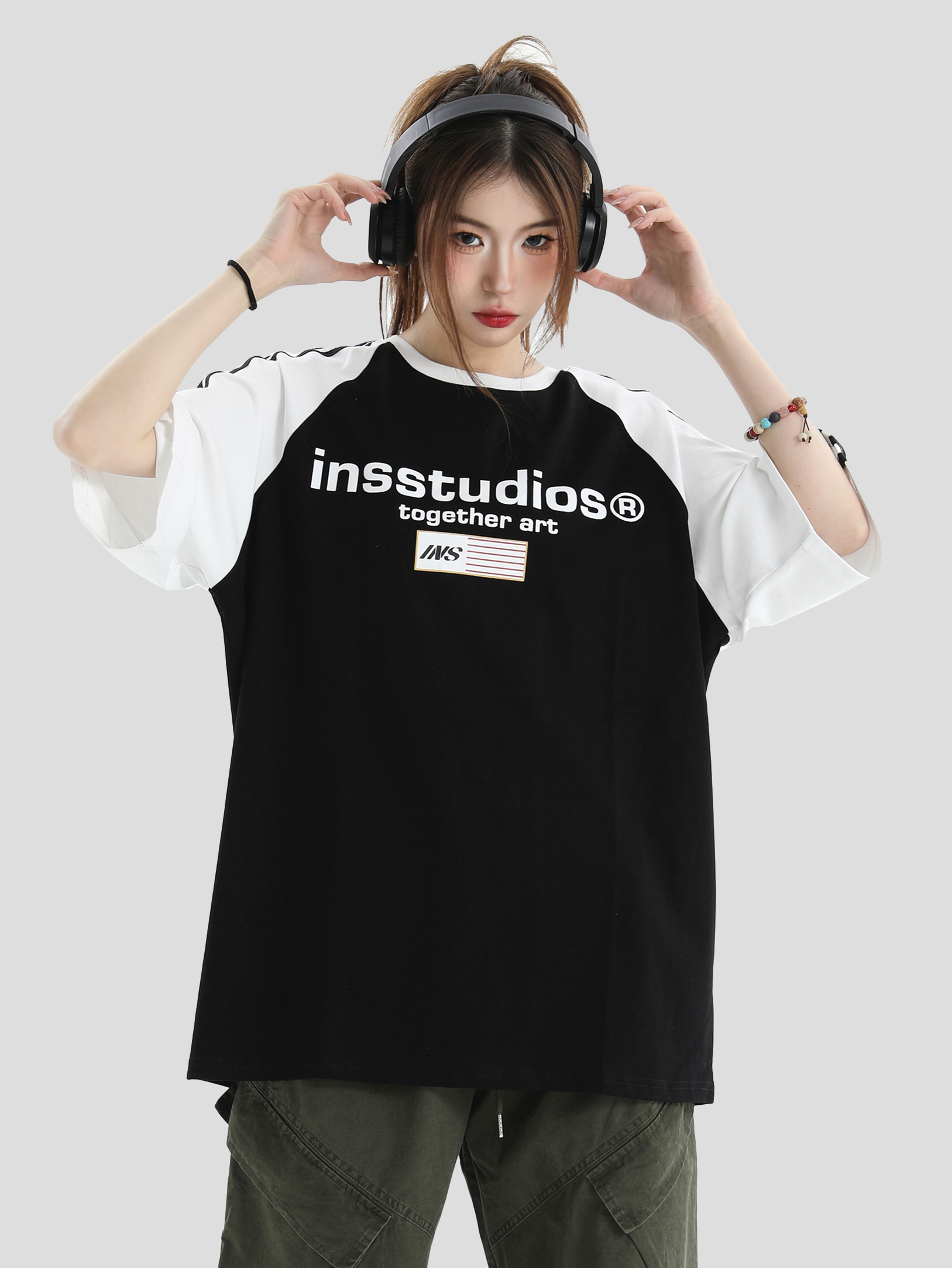 INSstudios 国潮牌情侣美式复古三条杠插肩短袖宽松半袖纯棉T恤男