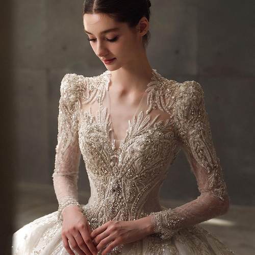 【许愿池公主】2025新款重工长袖宫廷长袖婚纱新娘结婚主纱大拖尾 - 图0