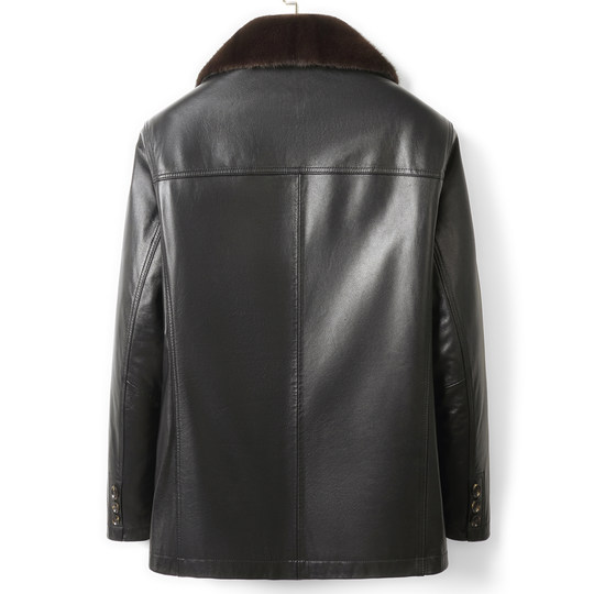 海宁真皮皮衣男士中老年头层牛皮翻领皮毛一体脱卸内胆外套爸爸装