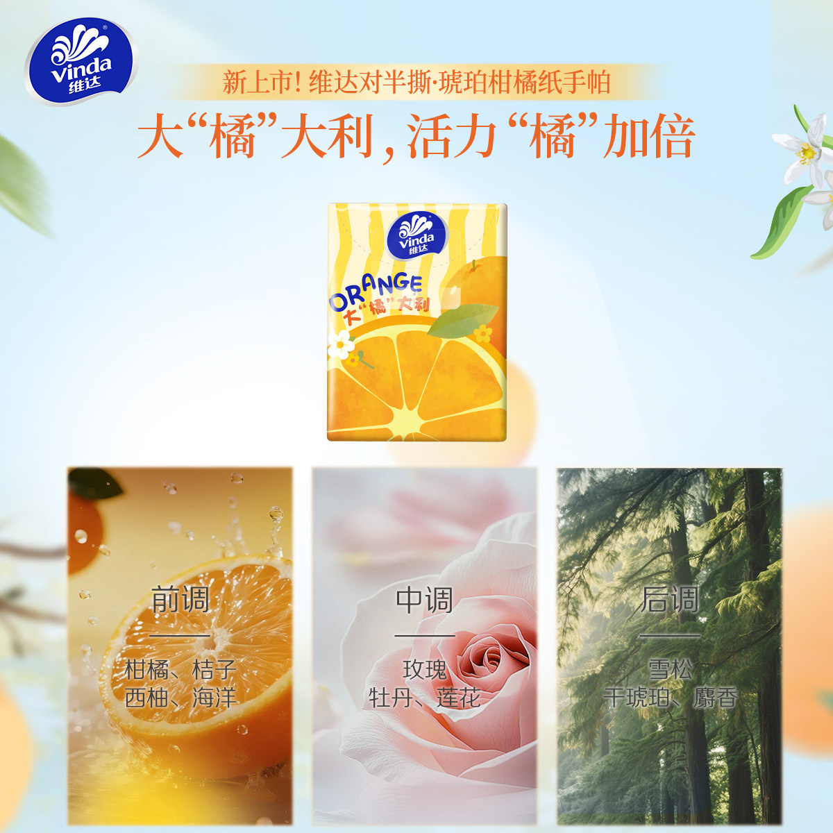 维达琥珀柑橘手帕纸对半撕纸巾分享12小包出行便携装餐纸面纸抽纸