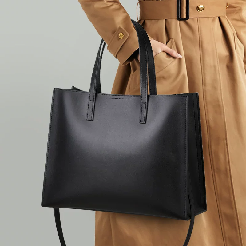 Capacious handheld shoulder bag, genuine leather