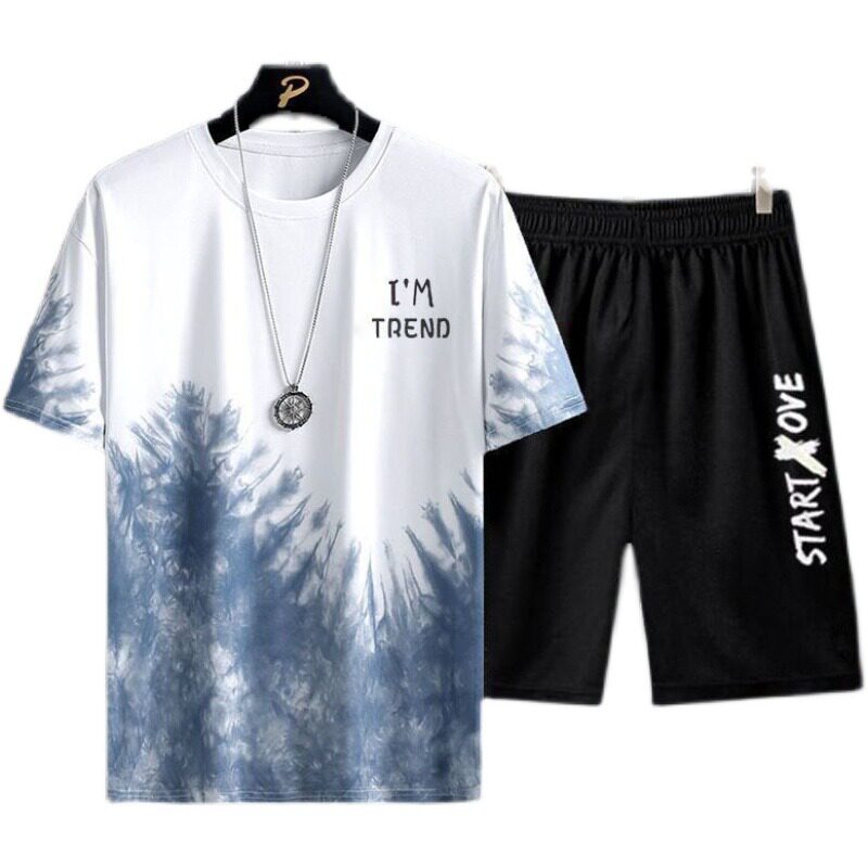 冰丝速干宽松男士短袖t恤夏季运动休闲套装潮牌穿搭一整套衣服