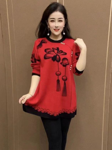 中年妈妈春秋冰丝针织衫上衣时尚大码荷花打底衫冬季宽松遮肚小衫 - 图1