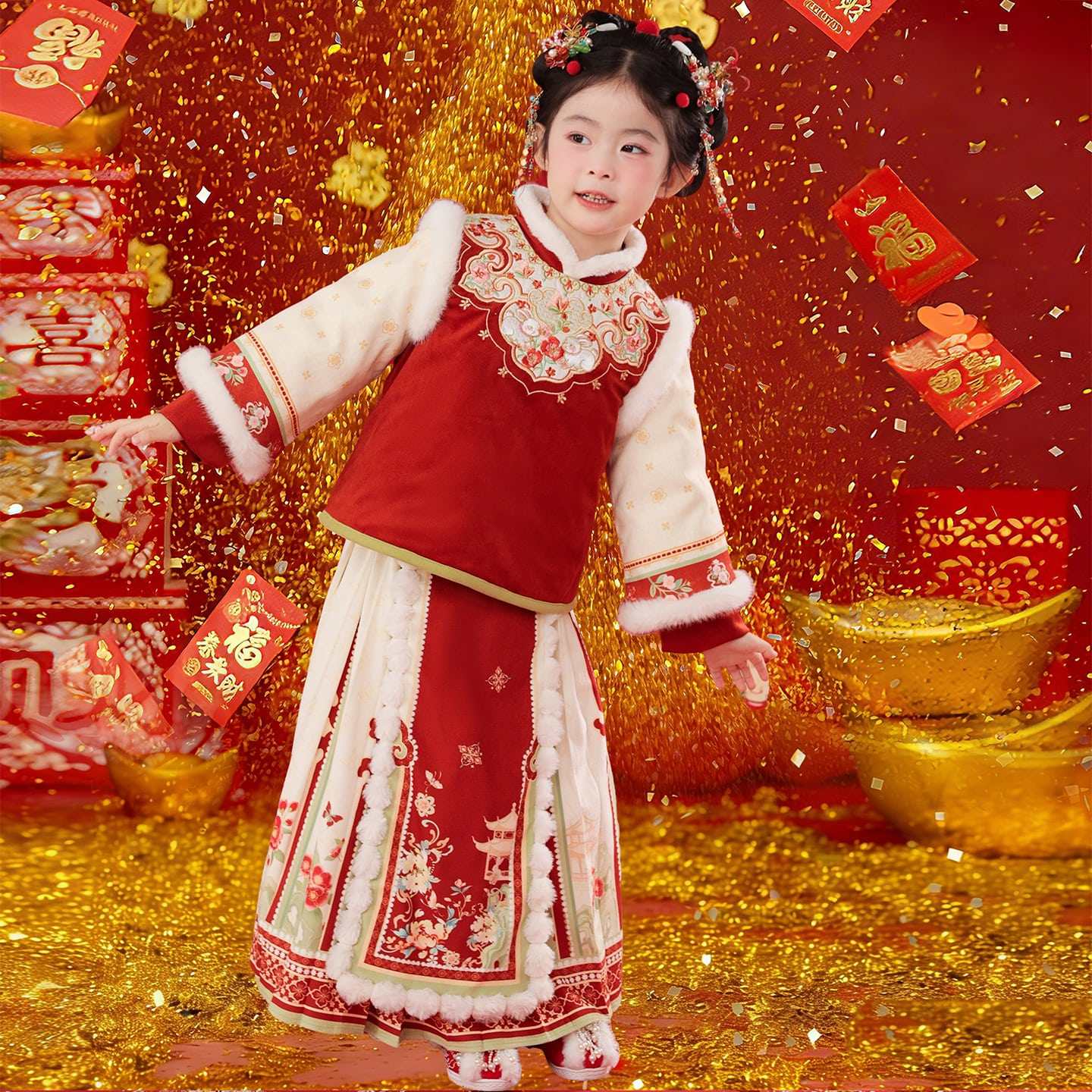 汉服女童冬款儿童中国风红色喜庆拜年服小女孩加绒加厚马面裙套装,淘宝优惠券,粉丝福利购,淘宝优惠卷