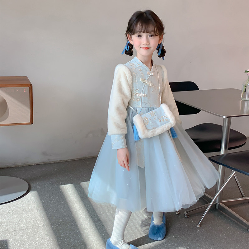 汉服女童拜年服冬季儿童新年衣服加绒连衣裙女孩生日礼服冬装唐装 - 图1