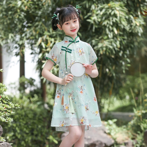 Ретро летнее ципао, детское платье, юбка, летняя одежда, китайский стиль, короткий рукав