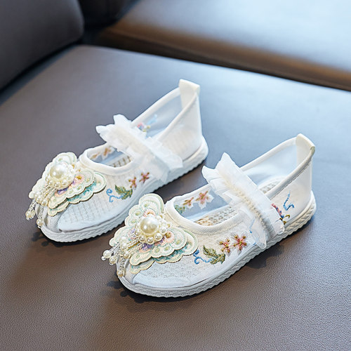 女童古风汉服鞋子儿童绣花鞋民族宝宝古装老北京布鞋小公主旗袍鞋 - 图0
