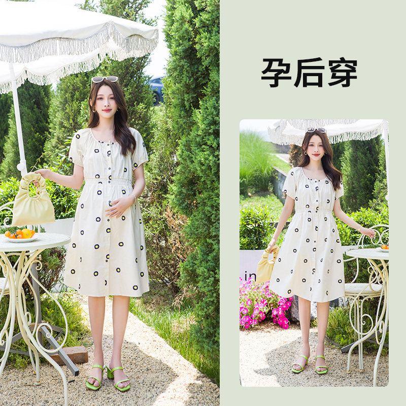 孕妇夏季高级感棉质绣花高腰连衣裙 孕雅姿连衣裙