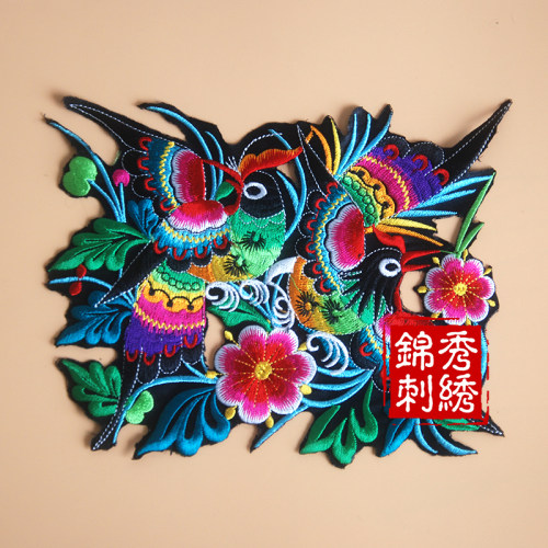 苗绣机绣绣花牡丹花花瓶鸟戏牡丹补丁漏洞衣服布贴 - 图1