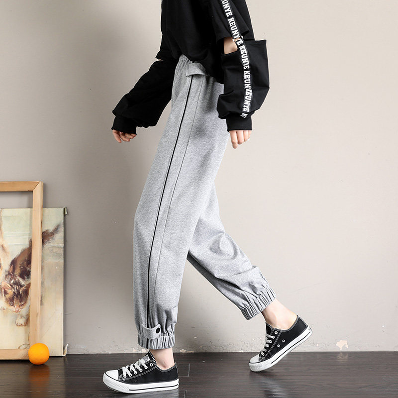 黑色宽松束脚春秋季胖mm高腰运动裤 三亲休闲裤