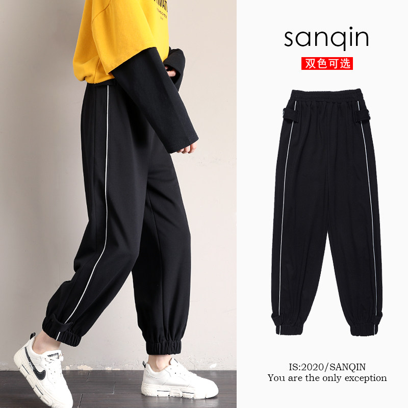 黑色宽松束脚春秋季胖mm高腰运动裤 三亲休闲裤