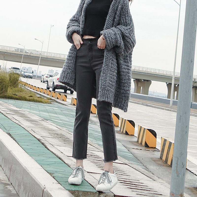 2020新款秋季烟灰色加绒显瘦牛仔裤 米婉萌牛仔裤