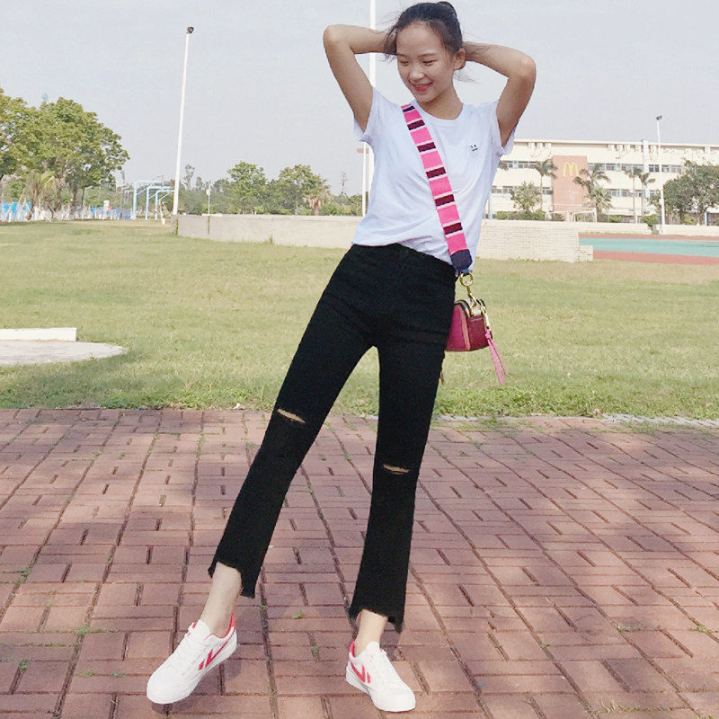 黑色显瘦小个子泫雅九分破洞牛仔裤 米婉萌牛仔裤