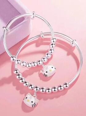 999纯银手镯女公主kitty爱心形儿童小孩宝宝实心卡通可爱推拉手环