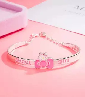 999纯银手镯女公主kitty爱心形儿童小孩宝宝实心蝴蝶结推拉手环