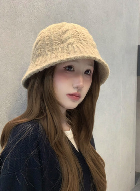 针织渔夫帽女秋冬百搭显脸小复古麻花纹保暖护耳盆帽韩版毛线帽潮