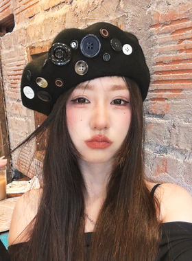 纽扣贝雷帽子女秋冬显脸小复古气质羊毛毡帽新款洋气百搭画家帽潮