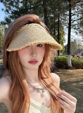 拉菲草空顶帽女夏季海边度假手工编织草帽遮阳防晒帽透气草编帽子