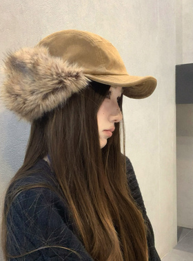 韩系毛绒棒球帽女冬季保暖百搭修饰脸型鸭舌帽显脸小骑车护耳帽潮