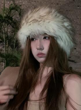 2025新款毛绒发带帽子女秋冬加厚保暖防寒毛绒帽显脸小穿搭渔夫帽
