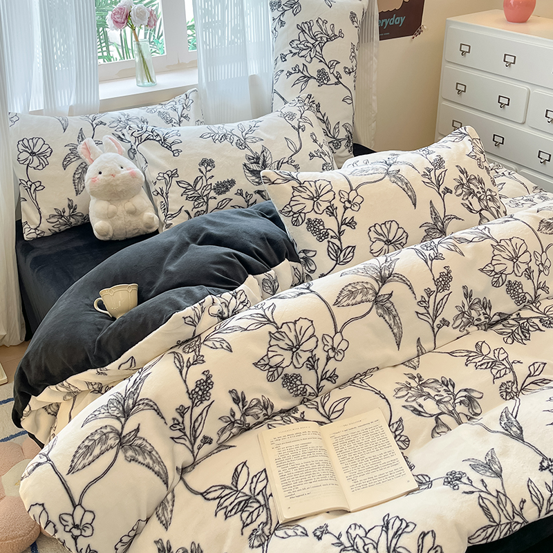 复古赫本风牛奶绒四件套床上珊瑚法兰绒冬季双面加绒被套罩床单三 - 图1