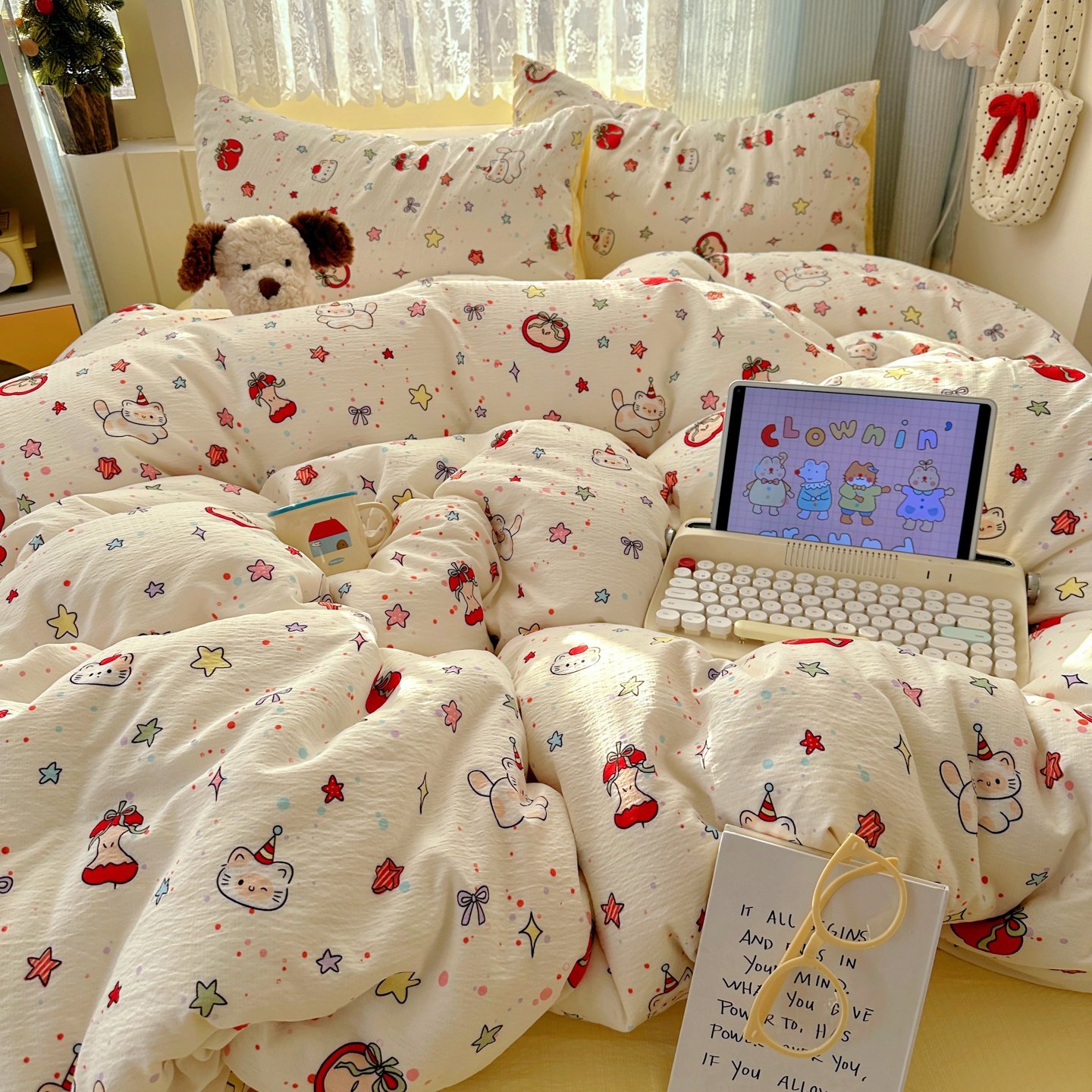 ins双层纱床上四件套儿童床品卡通被套床单人宿舍三件套非全纯棉4,淘宝优惠券,粉丝福利购,淘宝优惠卷