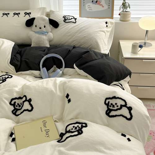 ins线条小狗四件套卡通被套床单人宿舍三件套非全棉纯棉床上用品4 - 图2
