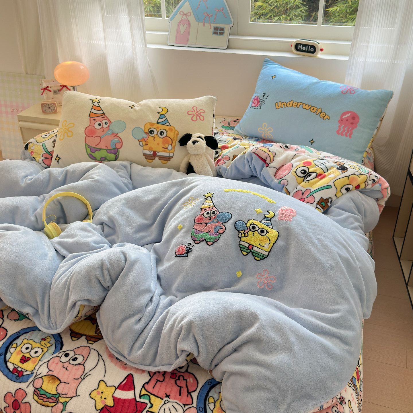 可爱海绵宝宝四件套牛奶绒冬季加厚保暖珊瑚绒被套宿舍床上三件套,淘宝优惠券,粉丝福利购,淘宝优惠卷