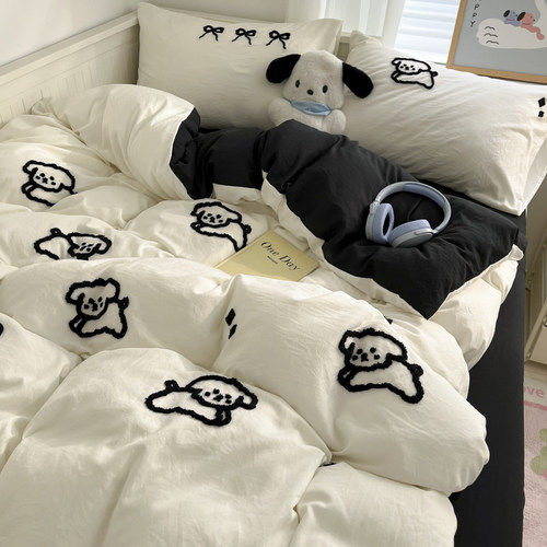 ins线条小狗四件套卡通被套床单人宿舍三件套非全棉纯棉床上用品4 - 图1