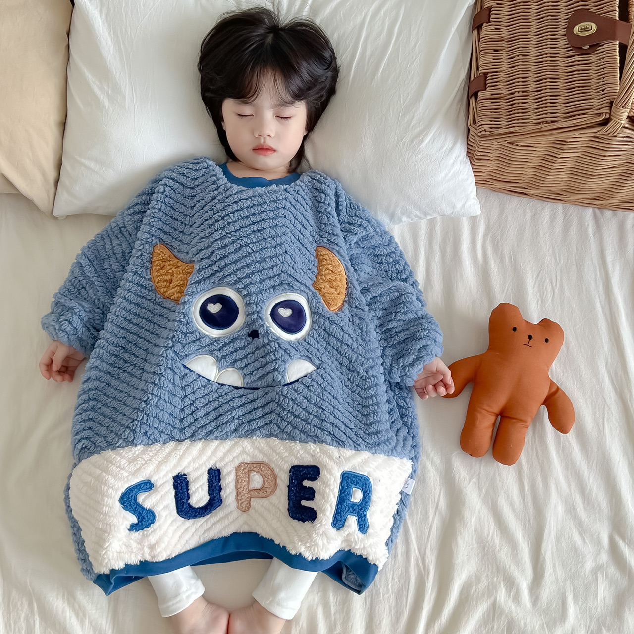秋冬新款女童加厚卡通宽松睡袋防踢被法兰绒男童连体暗扣睡衣睡裙 - 图1