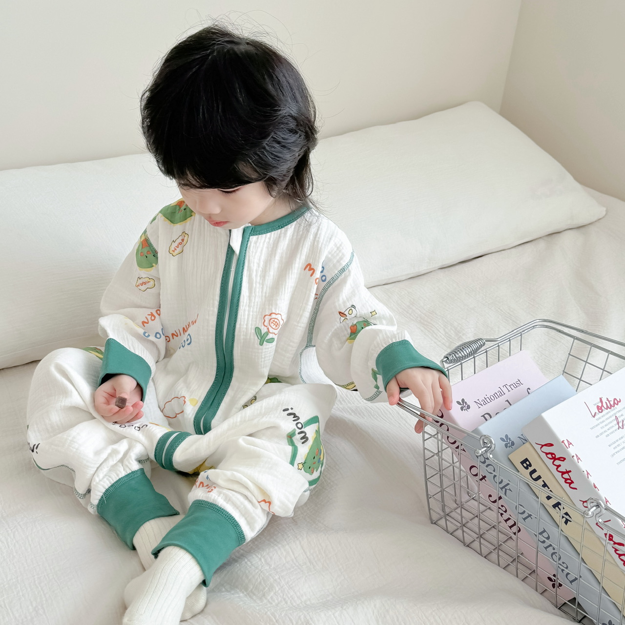 韩国儿童夏季长袖薄款连体睡衣双层纱布纯棉宝宝睡袋男女童空调服 - 图3
