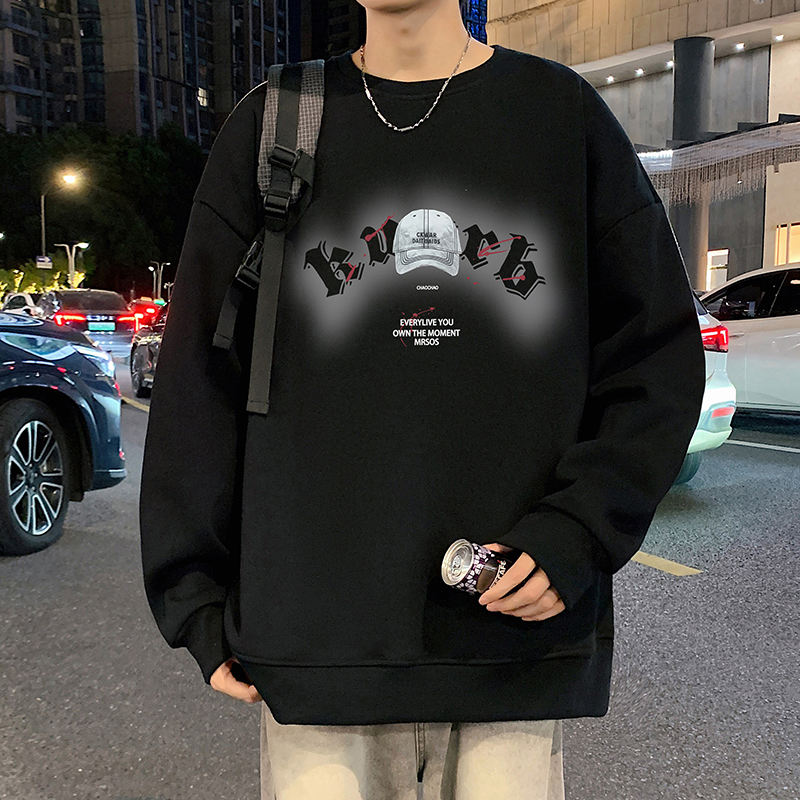 圆领卫衣男秋冬季2025新款套头休闲大码上衣美式宽松加绒无帽外套 - 图0