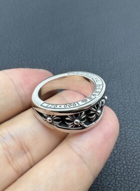泰银复古斜面十字花戒指男士女生款情侣对戒高级感男款卡莱茵尾戒
