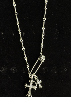 竹节链做旧别针双十字项链时尚百搭锁骨链