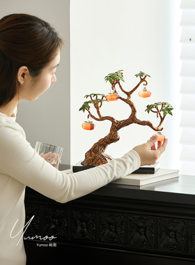 屿陌手工珐琅彩柿子树盆栽摆件家居装饰品工艺品客厅桌面装饰