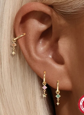 S925纯银珠子吊坠耳环耳环配件菱形五角星彩色吊坠earrings charm