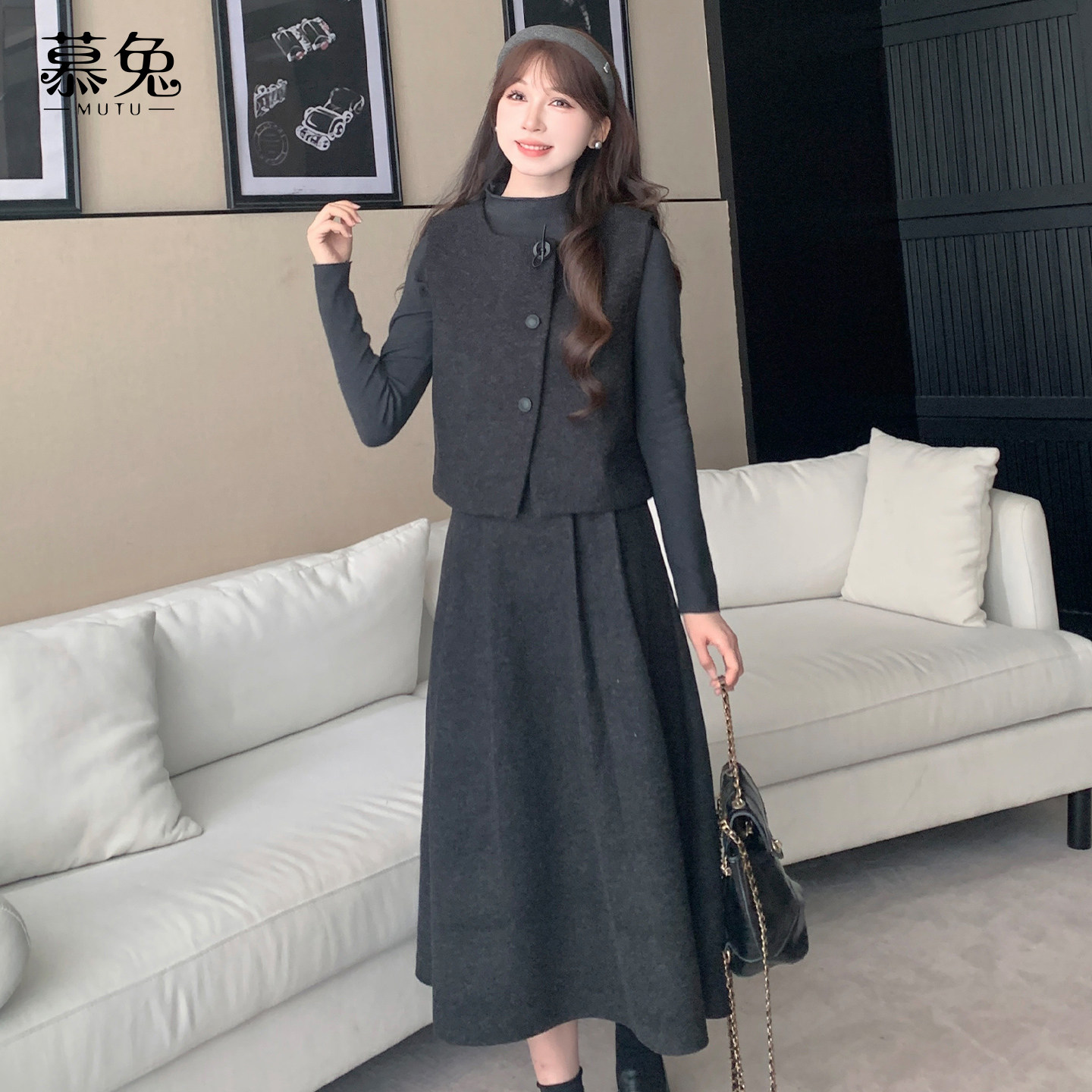 慕兔法式小香风套装女2025冬新款半高领上衣背心马甲半身裙两件套,淘宝优惠券,粉丝福利购,淘宝优惠卷