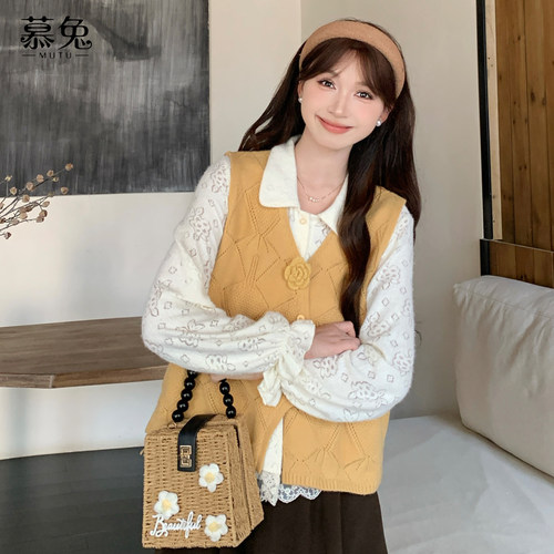 慕兔复古绿色针织马甲背心女2025秋季新款小个子宽松无袖坎肩上衣 - 图0